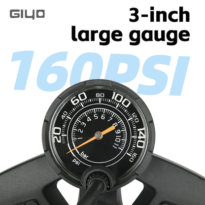 GIYO 160PSI Bicycle Floor Pump MTB Road Bike Manual Air Pump Balloon Presta Schrader Valve Tire Inflator With 3 Inch Guage