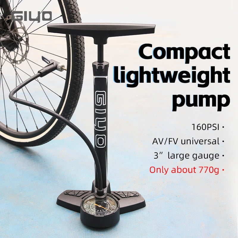 GIYO 160PSI Bicycle Floor Pump MTB Road Bike Manual Air Pump Balloon Presta Schrader Valve Tire Inflator With 3 Inch Guage