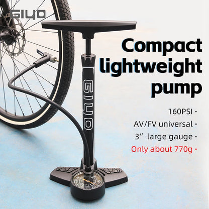GIYO 160PSI Bicycle Floor Pump MTB Road Bike Manual Air Pump Balloon Presta Schrader Valve Tire Inflator With 3 Inch Guage