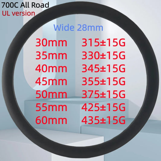 315G T000 CARBON Super light 700C Wide 28mm Tubeless 30mm 35mm 40mm 45mm 50mm 55mm 60mm carbon bike rim