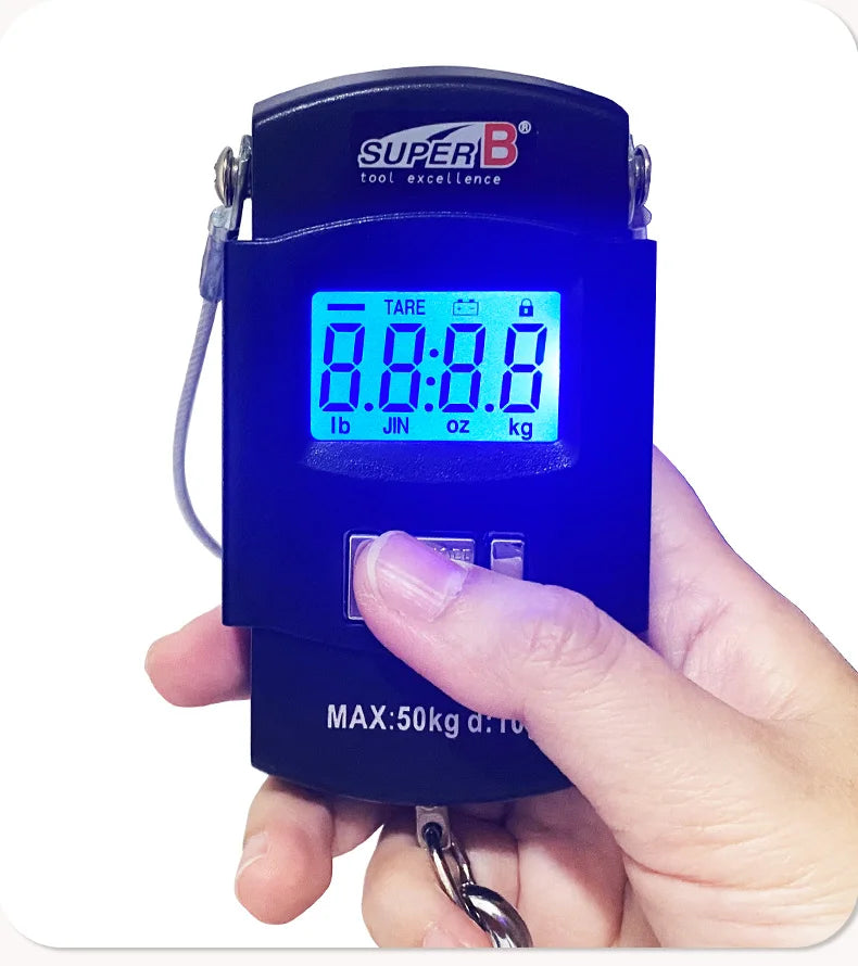 Super B 50Kg 10g Hanging LED Digital Scale Measure Max 50KG Electronic Scale Double Hook Design Easy to Operate for Bike Repair