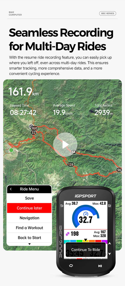 iGPSPORT BSC200S GPS Route Navigation Bike Computer Colorful Screen Wireless Speedometer Odometer Bluetooth Ant+