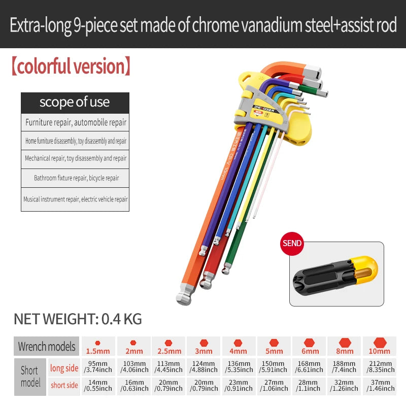 Internal Hex Wrench Set L Wrench Set Suitable for Home and Workplace Hex Wrench Set 1.5mm to 10mm Hex Wrench Manual Repair Tool