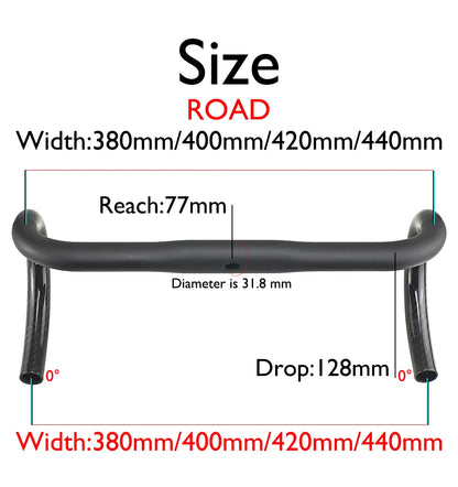 Carbon Fiber Road/Gravel Bike Handlebar, T800 Drop Bar, 380-440mm, 3K, UD