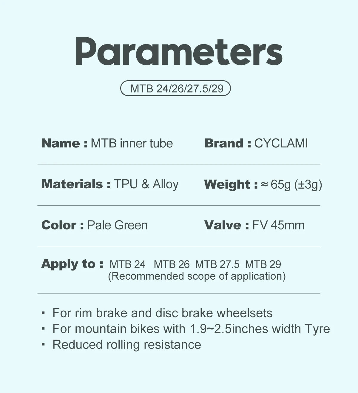 Ultralight Mountain Bike Inner Tube MTB 26 27.5 29 Inches Bicycle TPU Tire 45mm Metal French Presta Valve Anti-Oxidation CYCLAMI