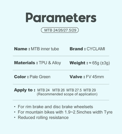 Ultralight Mountain Bike Inner Tube MTB 26 27.5 29 Inches Bicycle TPU Tire 45mm Metal French Presta Valve Anti-Oxidation CYCLAMI