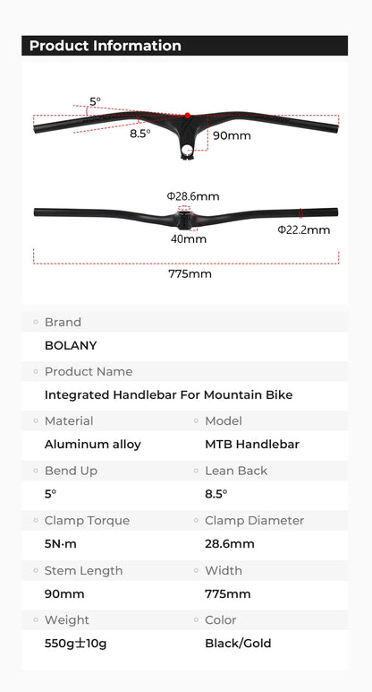 BOLANY Integrated Handlebar 775x90mm Aluminum Alloy 28.6mm